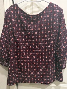 LOFT Burgundy Floral Smocked Peasant Blouse